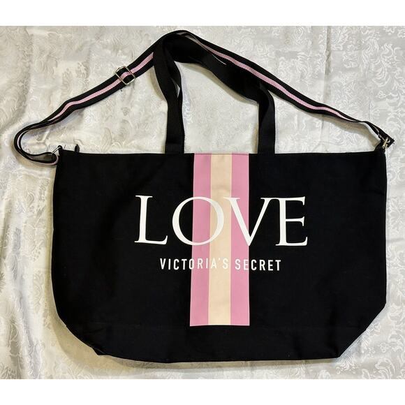 New NWT Victoria's Secret LOVE Zip Canvas Tote Bag Weekender Strap Black Pink - Picture 1 of 2